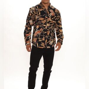 Fashion Nova Black and Gold Chain Print Shirt size Large